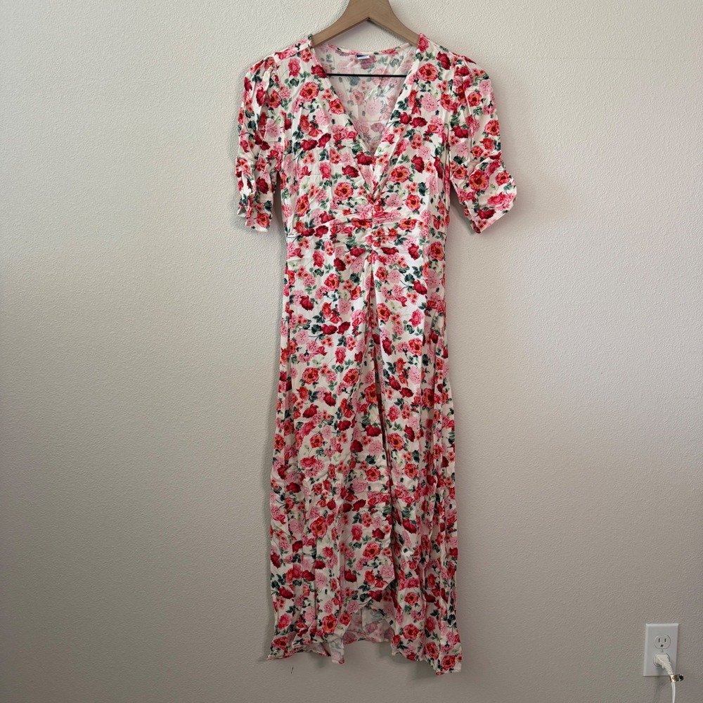 OLD NAVY Womens Floral Ruched V-Neck Midi Dress Size Small Cottagecore Boho Pink